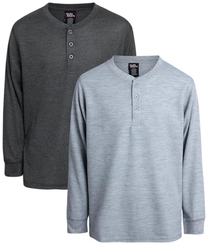 Quad Seven Boys Shirt - 2 Pack Waffle Knit V-Neck or Henley Long Sleeve Thermal T-Shirt - Baselayer Shirt for Boys (8-18), Size 16-18, Heather Grey/Charcoal Henley