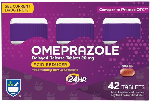 Rite Aid Acid Reducer Omeprazole Delayed Release Tablets - 20 mg, 3 Bottles, 14 Count Each (42 Count Total), Unflavored, Heartburn Relief, Heartburn Medicine, Treats Frequent Heartburn