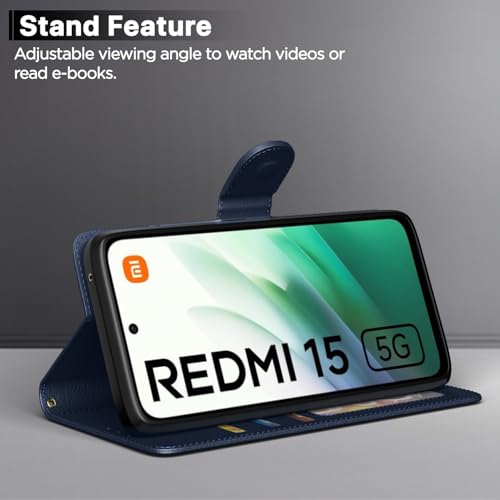Image of Pikkme Flip Cover for Redmi 15 5G Leather Finish | Inside TPU with Card Pockets | Wallet Stand and Shock Proof | Complete Protection Flip Case(Blue)