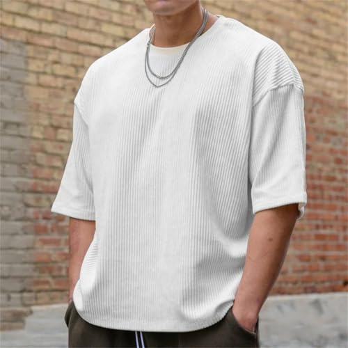 Men's Corduroy Loose T Shirt Summer Crewneck Cotton Running Loose Short Sleeve2