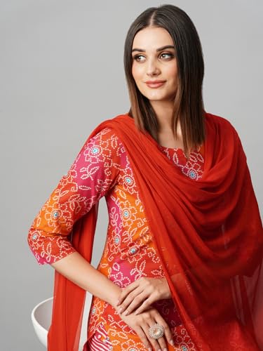 Image of GoSriKi Women's Cotton Blend Printed Straight Kurta with Pant & Dupatta