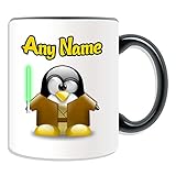 Regalo personalizado – Taza de Qui-Gon Jinn (tema de diseño de personajes de película de pingüino, opciones de color), cualquier nombre/mensaje en su único – Disfraz de superhéroe Star Wars Jedi espada láser