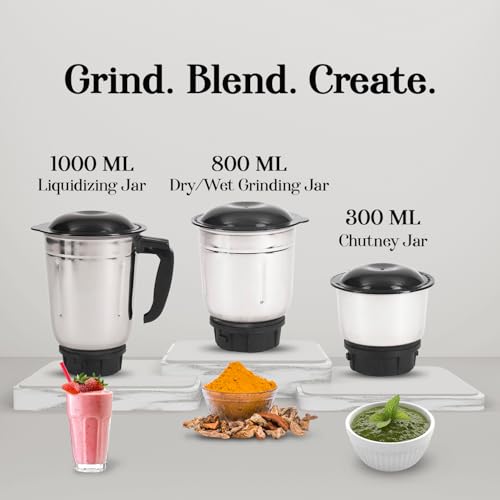 Image of SINGER Cheffy Mix Mixer Grinder | Sleek Design | 3 Stainless Steel Jars (Liquidizing Jar 1000ml, Grinding Jar 800ml, Chutney Jar 300ml) | 3-Speed Control with Incher | 500W | 2-Years Warranty