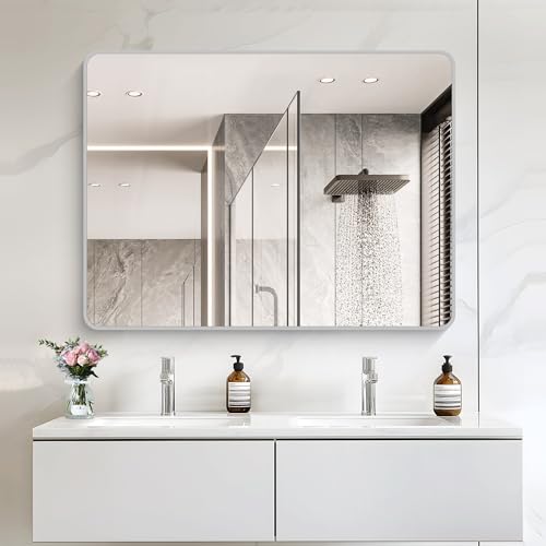 Image of 48x36 Inch Silver Bathroom Mirror, Large Rectangular Vanity Mirror, Metal Framed Rectangle Mirrors, Rounded Corner Wall Mounted Mirrors for Living Room Bedroom Entryway Horizontal or Vertical