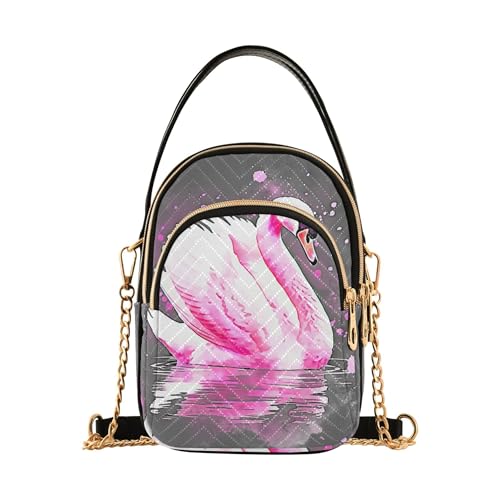 Women Shoulder Handbag Colorful Chain Strap Wallet Phone Purse Quilted Zipper Crossbody Bowler Bag Watercolor Pink Swan Gray