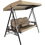 Sunnydaze 3-Person Outdoor Patio Swing Bench with Adjustable Tilt Canopy, Durable Steel Metal Frame, Cushions and Pillow Included, Beige