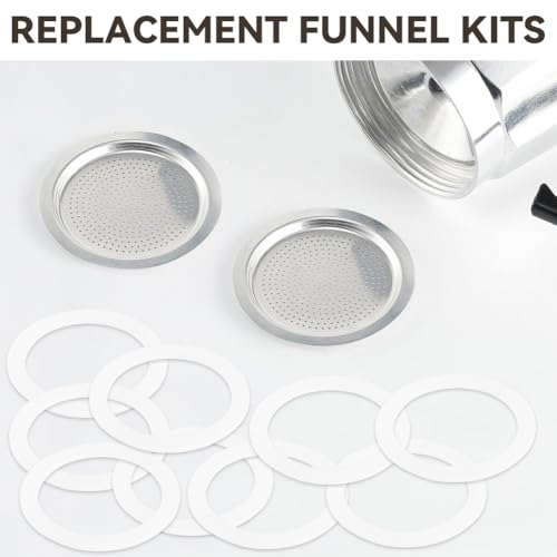 Espresso Moka Replacement Funnel Kits - 9 PCS Silicone Gaskets Seal Ring with 3 PCS Stainless Steel Filter Basket, Replacement Parts for Aluminium Stovetop Coffee Maker Pots