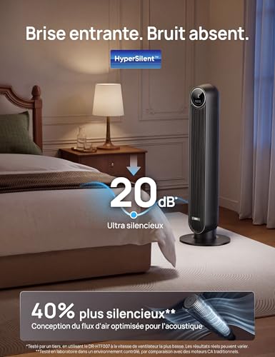 DREO 20dB ventilateur colonne silencieux, Vitesse 7,6 m/s - Oscillant à 90° ventilateurs tour pour chambre, 92 cm de haut, Télécommande incluse, 4 vitesses, 4 modes, minuterie 8H, Noir - Nomad One – vue 3