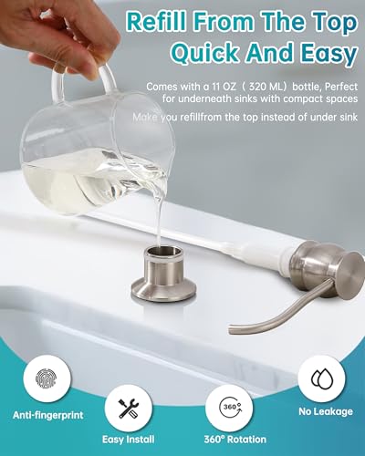 Image of Built in Deck Mount Liquid Lotion Kitchen Countertop Metal Soap Dispenser, Brushed Nickel Brass Dispenser Pump with 500ml (17oz) High Capacity Bottle