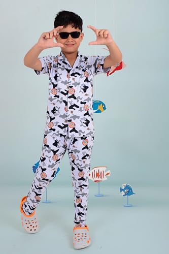 Image of 3BROS Unisex Pure Cotton Short Sleeve Kids Night Dress for Boys & Girls Nightwear /Sleepsuit /Sleepwear /Loungewear Night Suit for Boys and Girls Top and Pyjama Combo Set | JB20HS6031-Parent