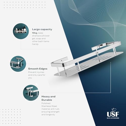 Image of USF Premium Stainless Steel Corner Shelf, Wall Mounted Bathroom & Kitchen Storage Rack for Toiletries & Essentials, Space Saving Design, Effortless Setup, Chrome Finish (Pack of 2)