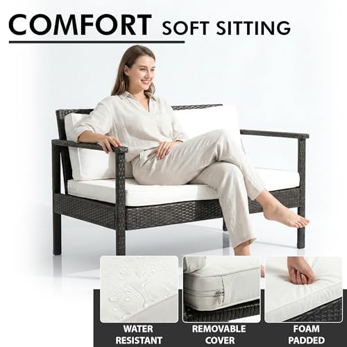 Image of BRISHI Outdoor Sofa Set || Balcony Sofa || Patio Furniture Sets || Indoor Sofa|| Wicker Rattan Garden Sofa Set with Cushion and Center Table, 4 Seater (Black-White)