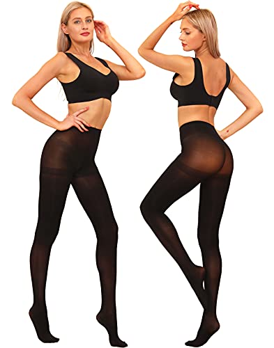 Ha Wa 2 Pairs Semi Opaque Tights, Winter Control Top 40D Microfiber Pantyhose For Women (Black+Black, Small) #TOP3