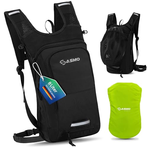 SASMO® Fahrradrucksack klein 8L (Schwarz) - Thermofach & Helmnetz | MTB Rucksack & Skirucksack - Ultraleicht 450g | Fahrrad Rucksack wasserdicht - inkl. Regenschutz | Fahrradrucksack Herren & Damen