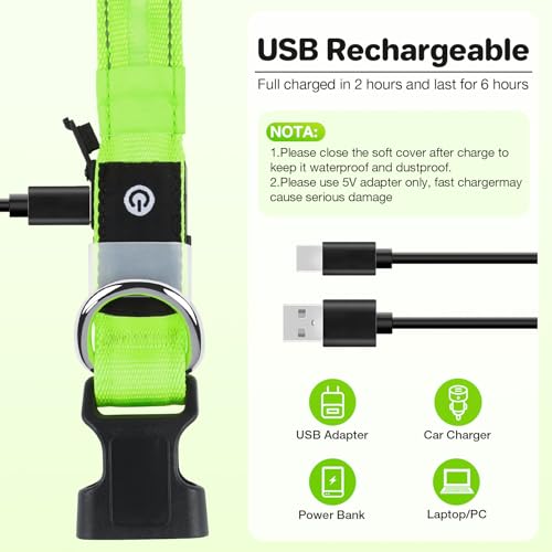 Fiveda Light Up Dog Collar, USB Rechargeable 6 Modes, Waterproof Charging Port, Long Lasting LED Collar - Adjustable Nylon Reflective for Dogs, Sizes S/M/L (7/9/11 Lights) - 5 Colors (Green, M) by Fiveda - Image 3