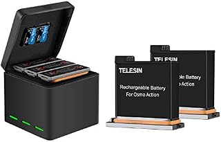 TELESIN Battery Charger for DJI OSMO Action Camera,2 Pack Replacement Battery+3-Channel Storage Charger Case with TF Card+Type-C for OSMO Action Camera Accessories,Compatible with Original Batteries