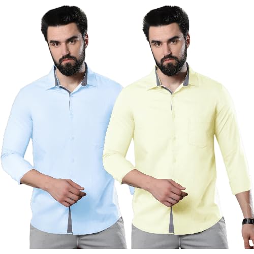 Image of Pinkmint Combo of Men Casual Cotton Blend Full Sleeves Formal Regular Slim Fit Plain Office Shirts