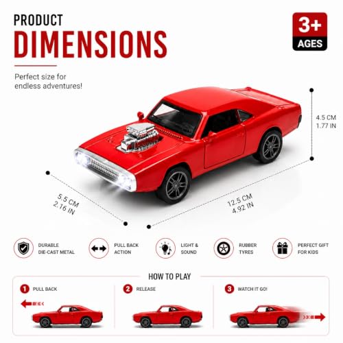 Image of 1970 Dodge Charger Die-Cast Toy Car for Kids - 1:36 Scale Pull Back Metal Model Car with Openable Doors, LED Lights & Music | Vintage Muscle Car Collectible Toy (Red)