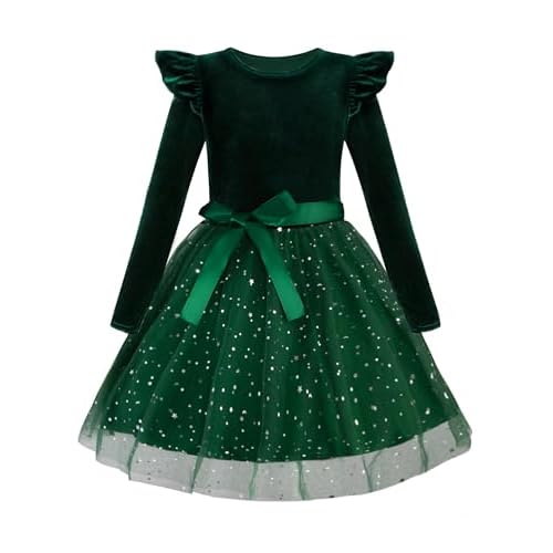 Toddler Girls Christmas Dress Long Sleeve Ruffle Velvet Tutu Fall Winter Holiday Party Princess Dresses 1-6T Green 4T