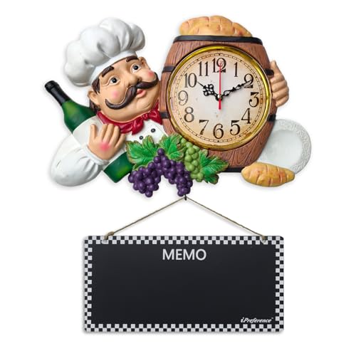 iPreference 2 in 1 Wall Clock and Black Board with Chef Décor Display and Leave Your Message on The rewritable Black Board, Decoration/Home/Kitchen/Livingroom/Dining Room/Restaurant/Bar/Cafe