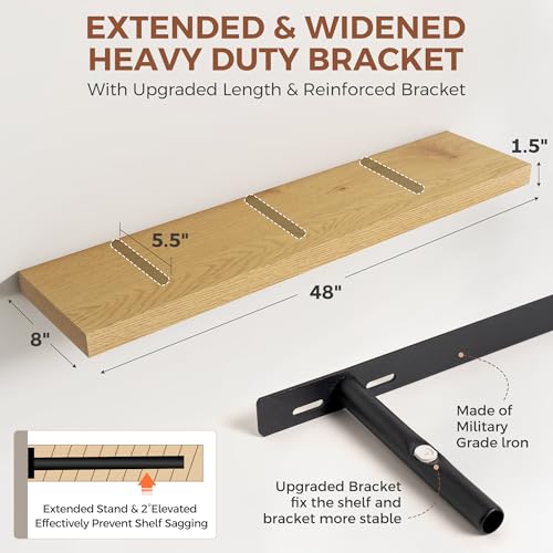 Image of Dreamland 48 Inch Floating Shelves for Wall,8 Inch Deep Floating Shelves,48 inch W x 8 inch D Wall Shelves for Bedroom,Living Room,Kitchen,Bathroom,Oak Color,Set of 2