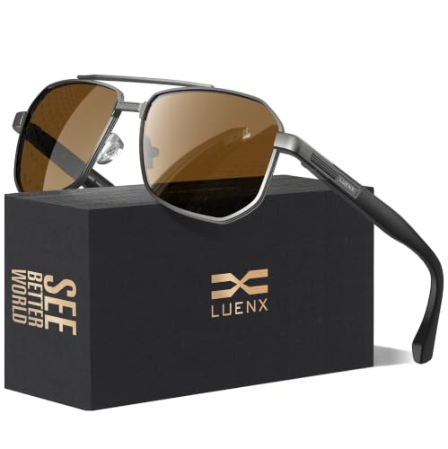 Image of Luenx Aviator Polarized Sunglasses for Men: Square UV400 Driving | Big Head Fit,Adjustable Nose Pads,Lightweight,Anti-slip,Impact-resistant,Scratch-Resistant,Glare Reduction,Gift-Ready Set