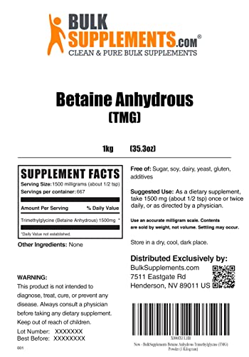 Bulksupplements.com Betaine Anhydrous Trimethylglycine (Tmg) Powder - Glycine Supplements - Tmg Supplements - Gallbladder Supplements - Liver Support - Betaine Supplement (1 Kilogram - 2.2 Lbs) #TOP1