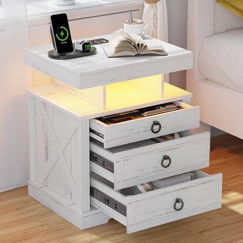 HNEBC Night Stand with Gun Drawers, Farmhouse Nightstand with Charging Station, Secret Bedside tabel with 3 Color Auto Light, Smart End Table with Hidden Storage for Bedroom Furniture-White