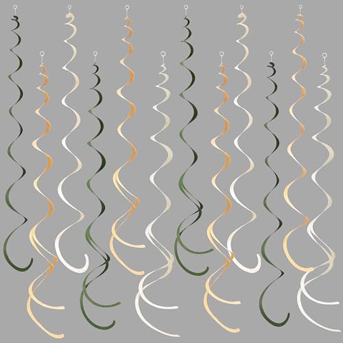 Image of 36Pcs Sage Green Hanging Swirl Decoration Olive Green Tan Brown Cream Neutral Felt Swirl Streamer Spiral Ceiling Garland for Greenery Safari Jungle Woodland Birthday Wedding Party Supplies
