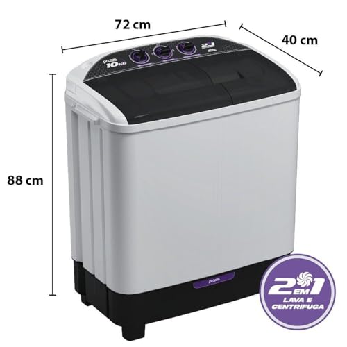 Lavadora 2 em 1-10 Kg - Lava 6 Kg e Centrifuga 4 Kg - Praxis Eletrodomésticos - 220v Branco e Preto