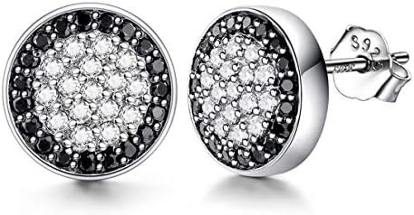Lydreewam Men Earrings Fashion Father's Day Gift 925 Sterling Silver Stud Earrings with White/Black Micro Pave Cubic Zirconia, Diameter 10mm