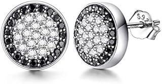 Lydreewam Men Earrings Fashion Father's Day Gift 925 Sterling Silver Stud Earrings with White/Black Micro Pave Cubic Zirconia, Diameter 10mm