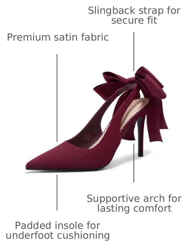 Image of Coutgo Womens Slingback High Heels with Bow Closed Pointed Toe Wedding Bride Dress Shoes Satin Pumps