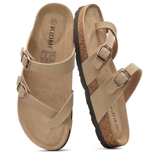 Image of KIDMI Women's Cork Footbed Sandals with Toe Loop, Comfortable Summer Slip-On Slides with Adjustable Buckle