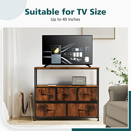 Image of NEWBULIG Dresser,Dresser with 5 Fabric Drawers,Chest of Drawers,Storage Tower, TV Stand Organizer Storage for Bedroom Living Room Hallway, Easy Pull Fabric Bins,Wooden Top, Sturdy Steel Frame,Rust