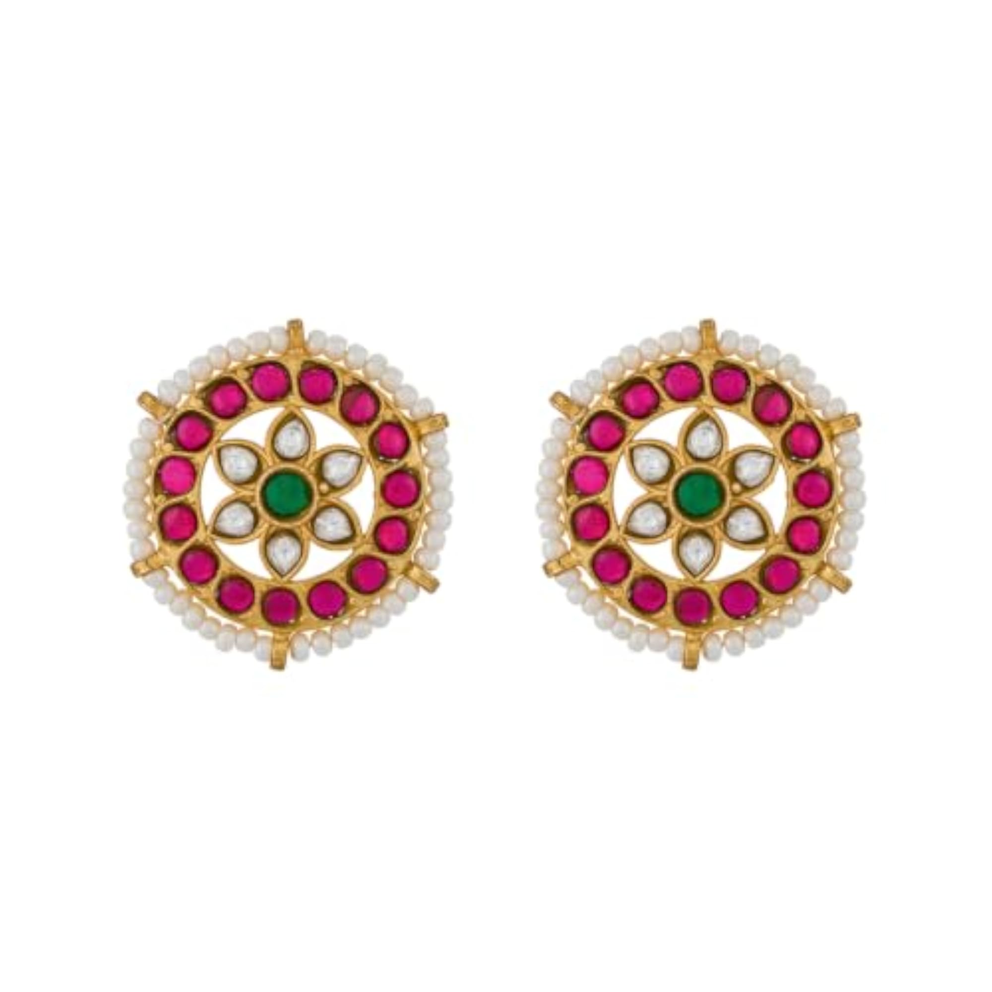Women's Ruby-Green Gold Plated Temple Stud Earrings, Festive & Bridal