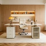 Home Office Desk,minimalist design. Features a sintered stone top, a cabinet with LED lighting and Changhong glass, and a three-drawer storage unit. Sturdy, durable, and easy to assemble (white)