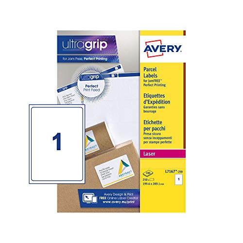 Avery L7167 Printable Parcel Labels, 199.6 x 289.1 mm (A4 Full Sheet), UltraGrip Alignment, JamFREE Laser Printing, 250 White Labels (L7167-250)