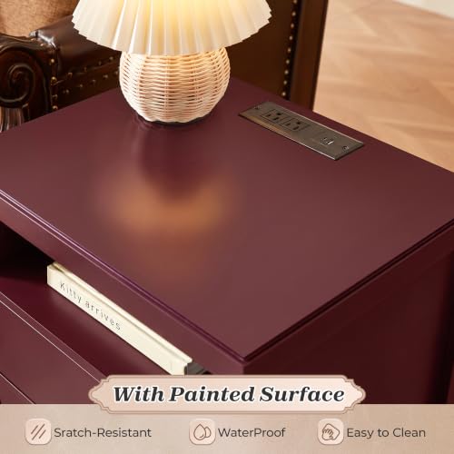 Image of Huuger Red Nightstand Set of 2, Night Stand with Charger Station