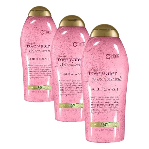 Image of OGX Sensitive + Rose Water & Pink Sea Salt Exfoliating Body Scrub + Rose Quartz, Gentle Exfoliating Daily Wash Softens Skin, Scrub for Women, Sulfate-Free Surfactants, 19.5 fl oz (Pack of 3)