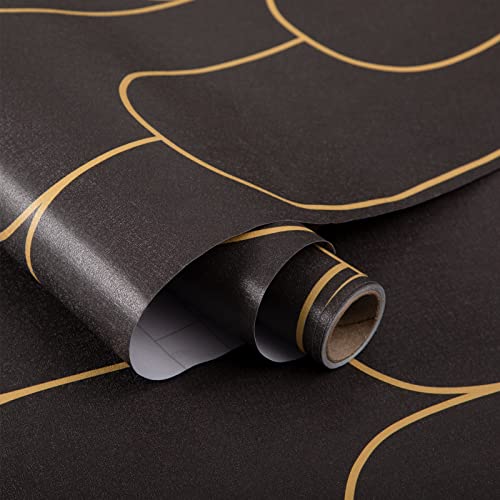 Black Peel And Stick Wallpaper Geometric Stripe Contact Paper 17.3”×118.1” Black And Gold Removable Wall Coverings For Home Decorative Wall Cabinet Furniture Table And Door Renovated #TOP3