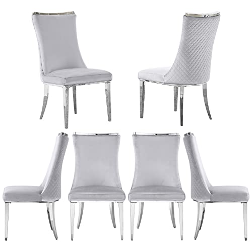 Azhome Dining Chairs Set Of 6, Light Grey Velvet Dining Room Chairs With Reticulate Texture Back And Metal Trim Top, Upholstered Chairs Silver Stainless Steel Legs #TOP21