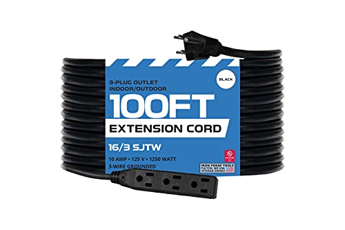 Iron Forge Cable 3 Outlet Power Strip Outdoor Extension Cord 100 ft, 16/3 Heavy Duty Black Extension Cord with Multiple Outlets 3 Prong