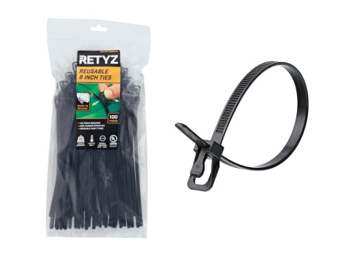 RETYZ 8-Inch Black Reusable Releasable Cable Ties – 100 Pack, 50 lb Strength, Patented Quick-Release, Tool-Free Design for Home, Office, and Light Industrial Use