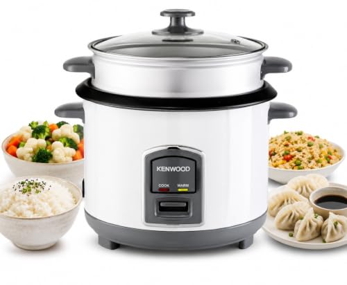 KENWOOD 2-in-1 Rice Cooker 1.8L 10-Cup with Steamer Basket Non-Stick Pot Glass Lid Cook & Warm Indicator Lights Detachable Power Cord RCM18.000WH White