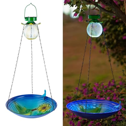 VEWOGIFT Hanging Bird Baths with Solar Light, 13 Inch Metal Birdbaths & Birdfeeders Combo, Hummingbird Bird Bath Bowl for Outside Garden Yard Patio Decor