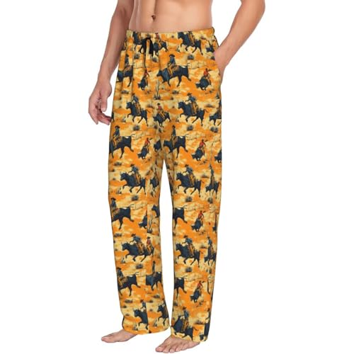 Mens Pajama Pants - Western Cowboys Riding Bulls Print Soft Sleep Lounge Pants For Men, Casual Pj Bottoms With Pockets