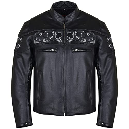Vance Leather Men's Stand Up Collar Premium Motorcycle Jacket with Reflective Skulls and Inside Conceal Carry Pockets