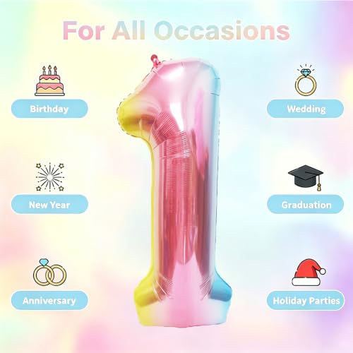 Image of Rainbow Number Balloons Birthday Balloons - Giant Number 1 Balloon 40 inch, Numbers Balloon Birthday Decorations, Rainbow Party Supplies for Baby Shower