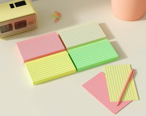 200 PCS Colored Index Cards 3x5, Ruled Index Cards, Flash Cards for Studying, Heavy Note Cards for Office, Home and School,Light Red/Green/Yellow/Beige 4 Colors, 50 PCS of Each Color